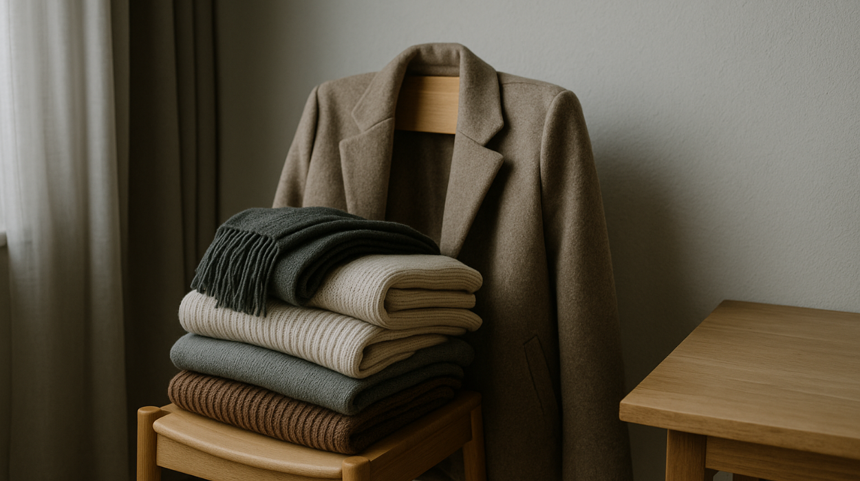 Jesienne ubrania ułożone w mieszkaniu – neutralne, stonowane barwy
