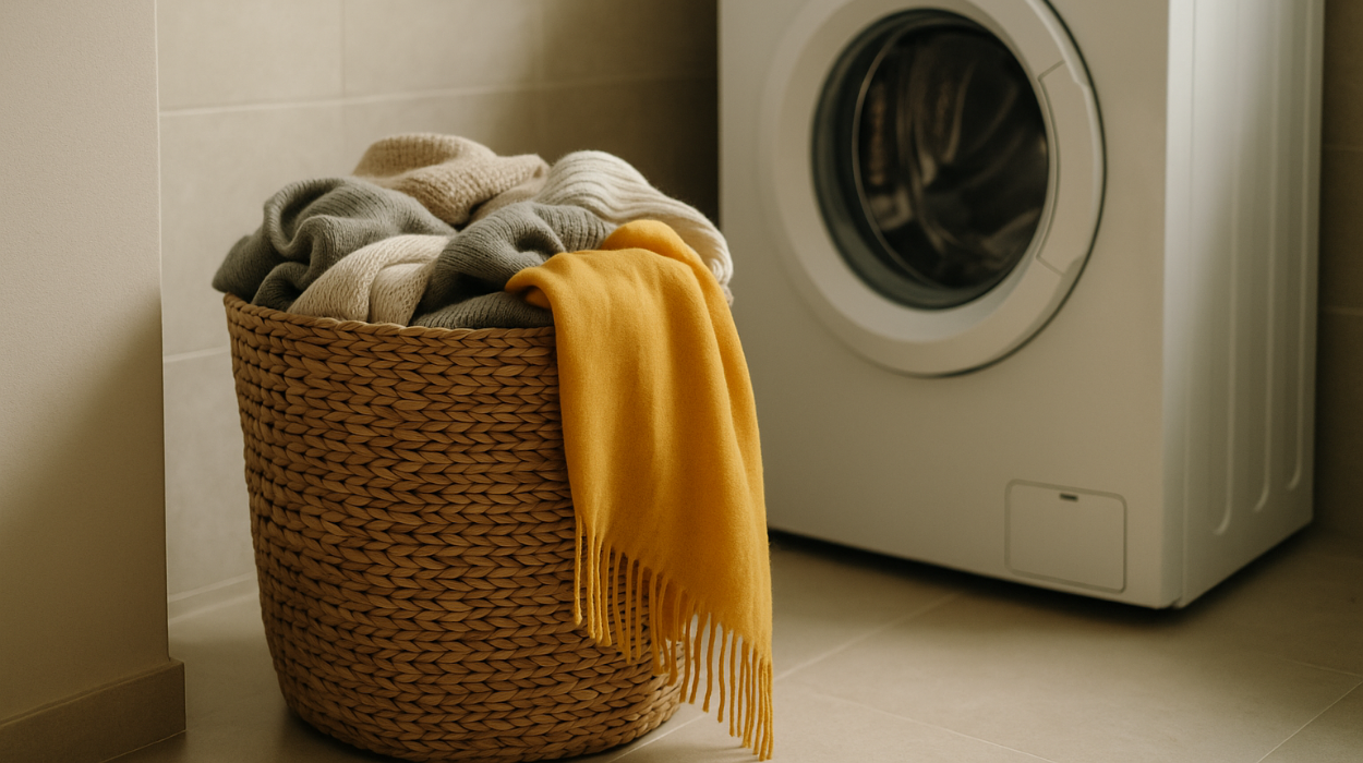 Jesienne pranie w łazience – ciepłe, stonowane barwy