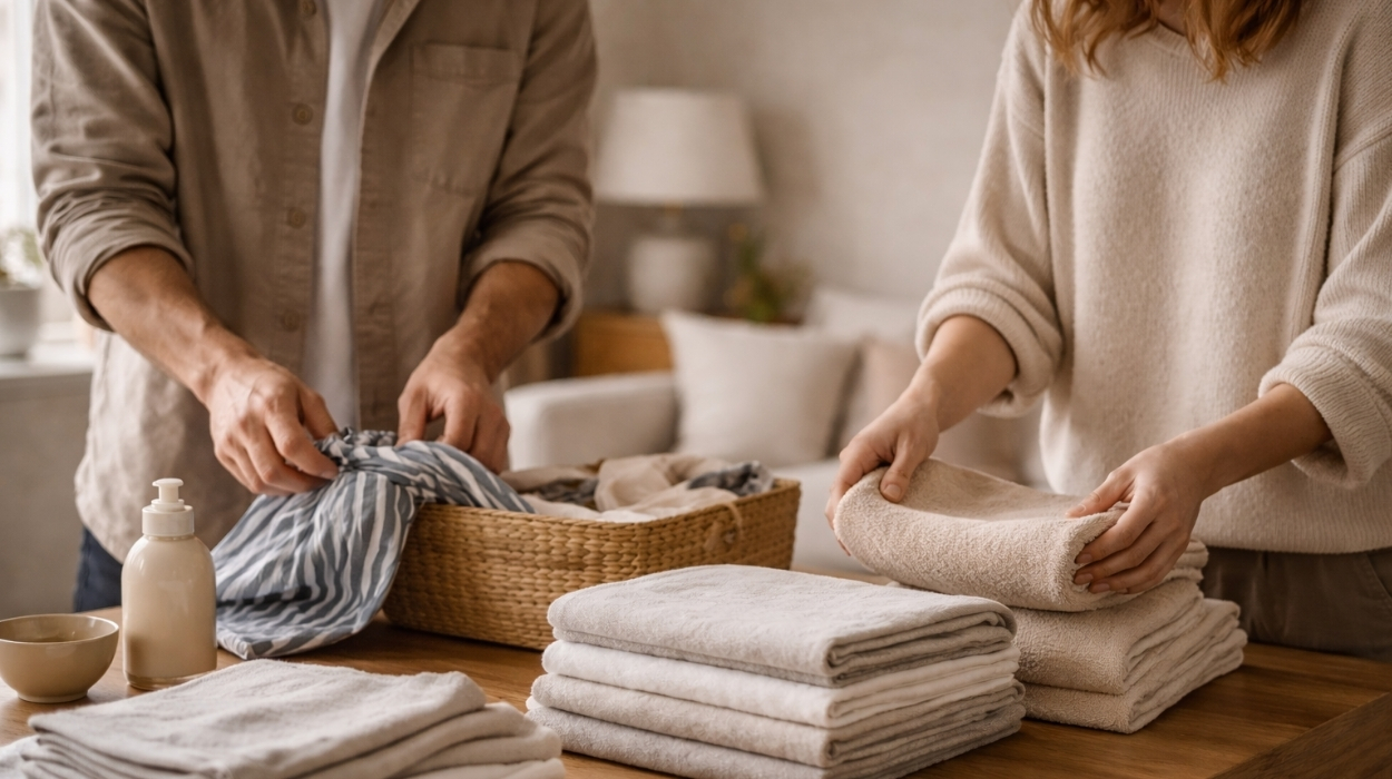 Dwie osoby składające pranie na drewnianym stole w salonie, złożone ręczniki i kosz z ubraniami.