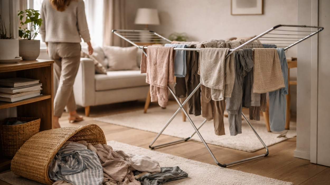 Stojąca suszarka na pranie ustawiona w salonie, mokre ubrania rozwieszone na suszarce i kosz z praniem na podłodze.