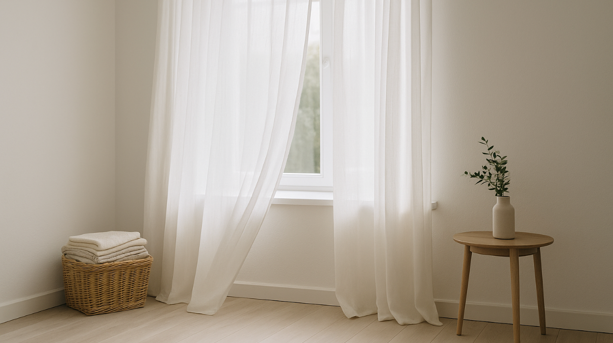 Jasne firany z lekkiej tkaniny przy dużym oknie w minimalistycznym wnętrzu.