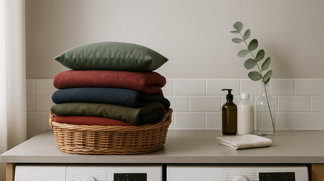 Kosz z kolorowymi poszewkami i narzutami ustawiony na blacie w pralni.
