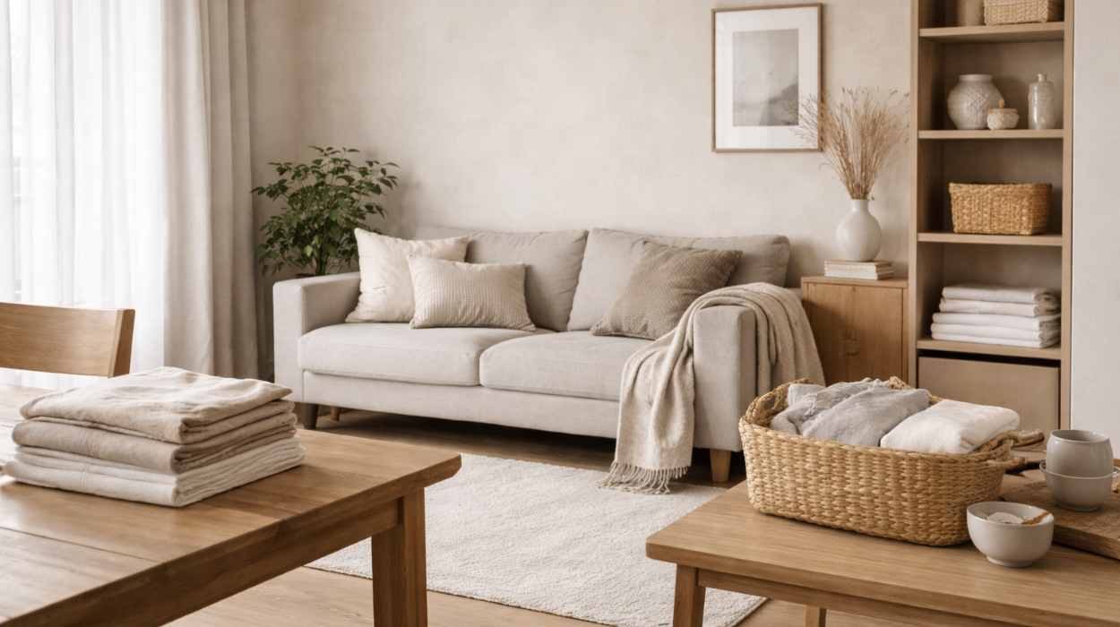 Minimalistyczne wnętrze w salonie w naturalnych kolorach.