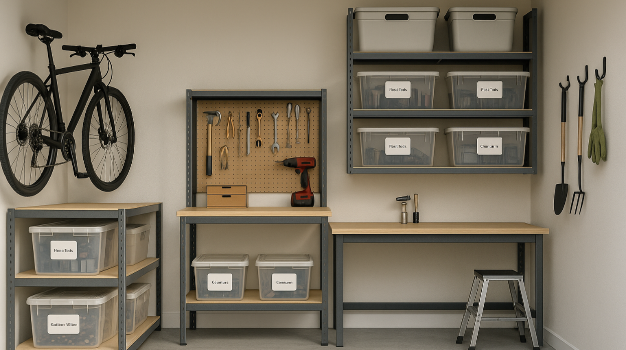 Uporządkowane wnętrze garażu: półki, pudełka z etykietami, rower na wieszaku