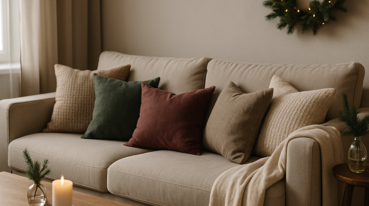 Beżowa sofa z zimowymi poduszkami w stonowanych kolorach i delikatnymi dekoracjami.